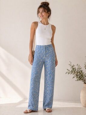 Lands End Blue & White Linen Floral Straight Leg Pants Sz. 10